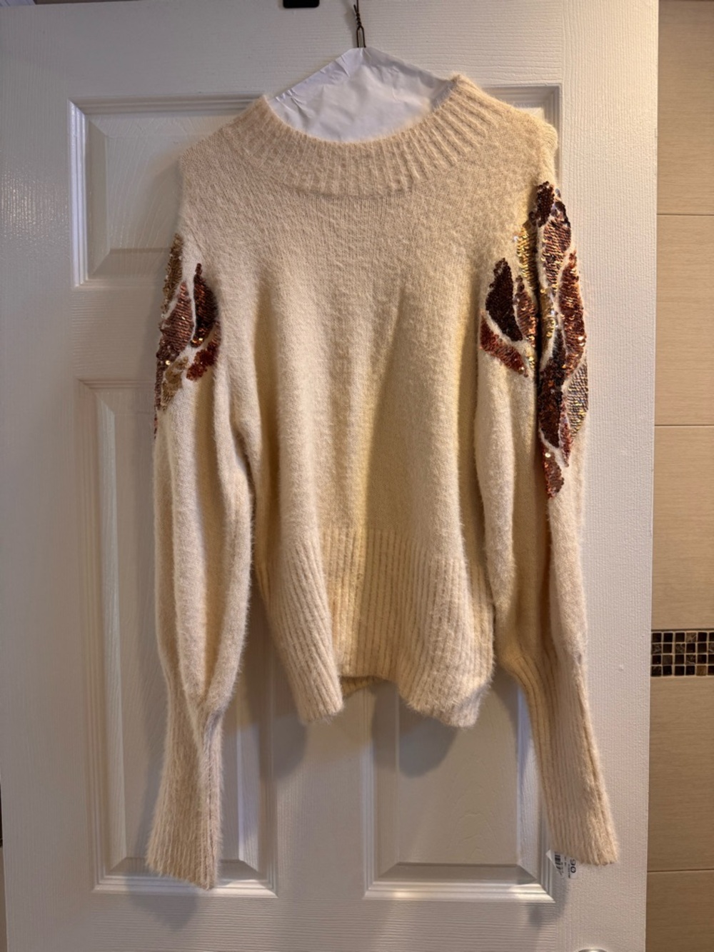 Vici Cream Crewneck Sweater with Sequin Floral Sleeves